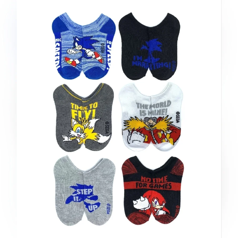 Sonic the Hedgehog Boys No-Show Socks, 6-Pairs, Shoe Size: (L)3-9, New With Tag